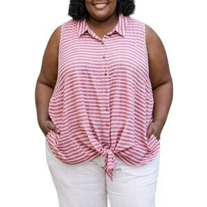 Terra & Sky Plus Size 4X Top Sleeveless Pink White Striped Button-Down Tie Front